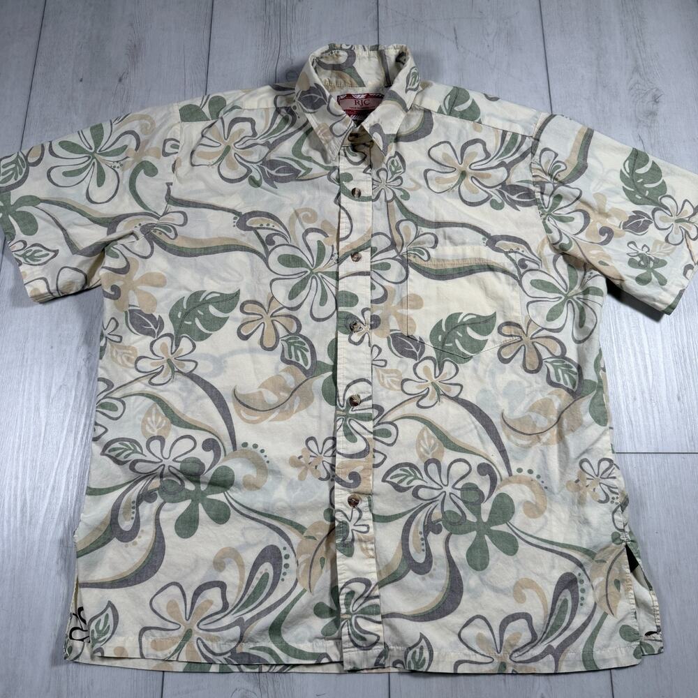 Vintage RJC Hawaiian Shirt Mens Large Green White Floral Print Made In USA 90s